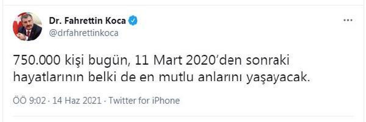 Bakan Koca: Bugün 750 bin kişi aşı randevusu aldı