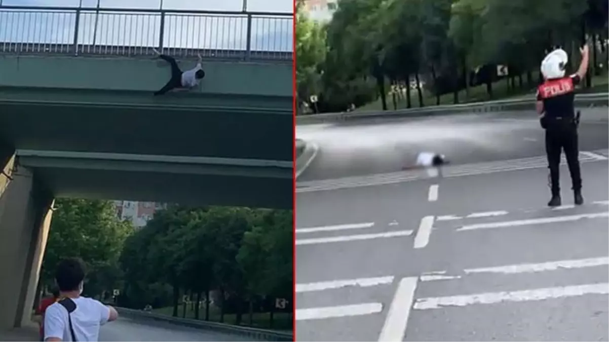 Uyuşturucu etkisindeki genç üst geçitten aşağı atladı, feci anlar anbean görüntülendi