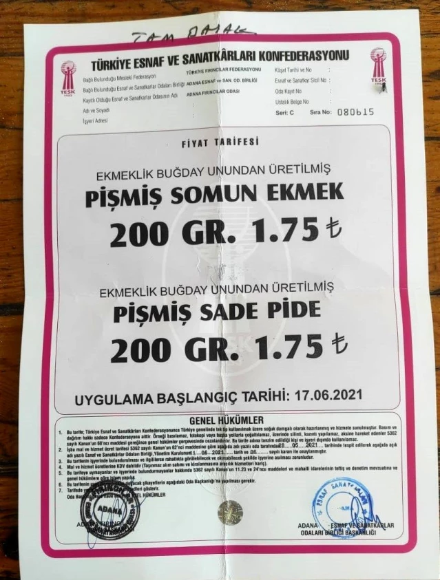 Adana'da ekmeğin fiyatı 1.75 TL oldu