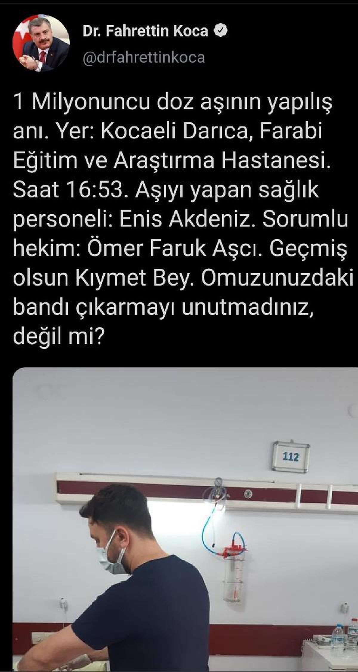 Bakan Koca, 1 milyonuncu doz aşının yapılış anının fotoğrafını paylaştı