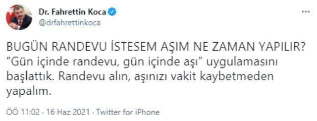 Son Dakika: Sağlık Bakanı Fahrettin Koca: Gün içinde randevu, gün içinde aşı uygulamasını başlattık