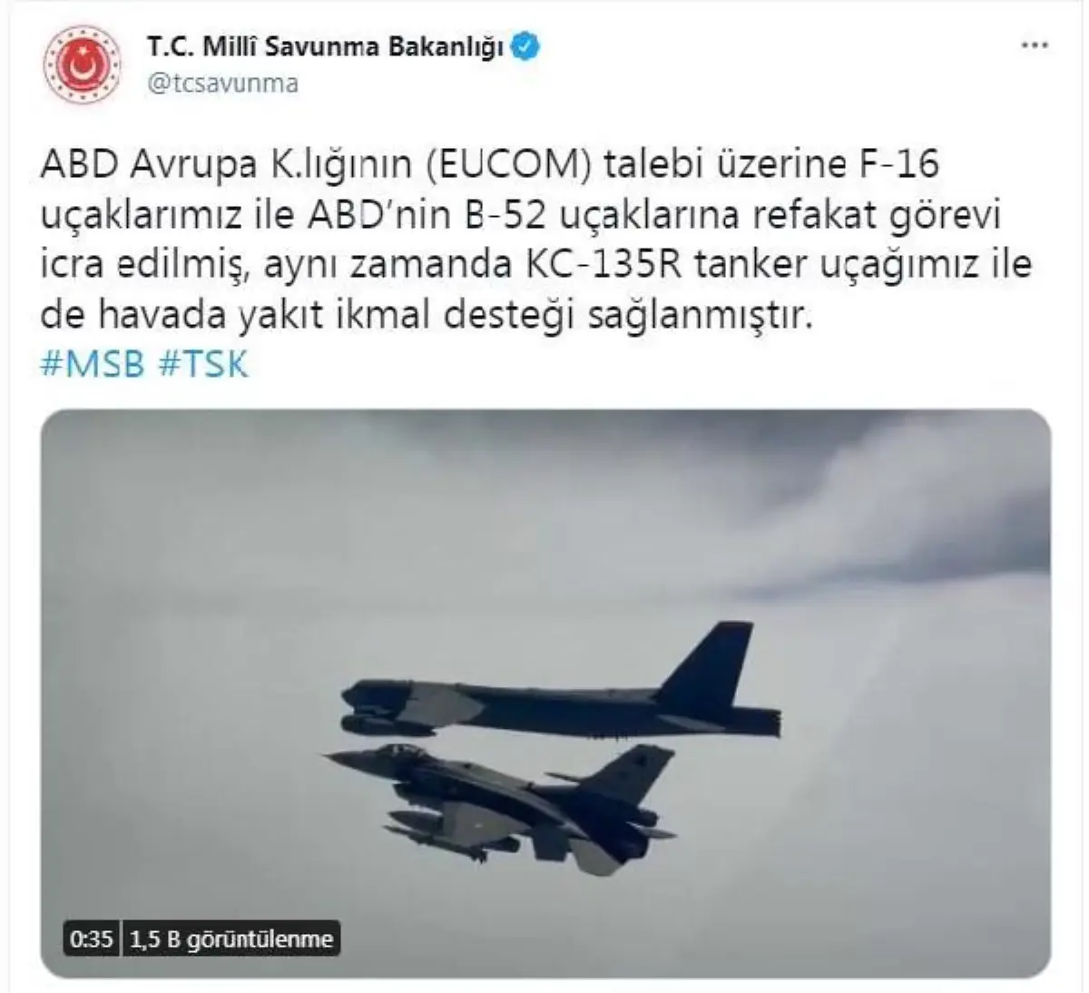 MSB: F-16 uçaklarımız ABD\'nin B-52 uçaklarına refakat etti