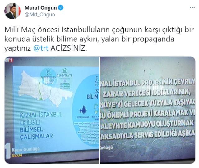 Türkiye-Galler maçı öncesi TRT'de yayınlanan Kanal İstanbul reklamı İBB Sözcüsü Ongun'un tepkisini çekti