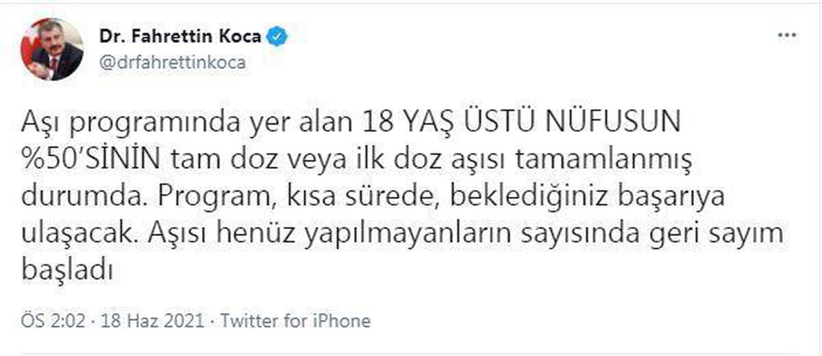 Son dakika haber | Bakan Koca: "Aşı programında yer alan 18 yaş üstü nüfusun yüzde %50\'sinin tam doz veya ilk doz aşısı tamamlanmış durumda.