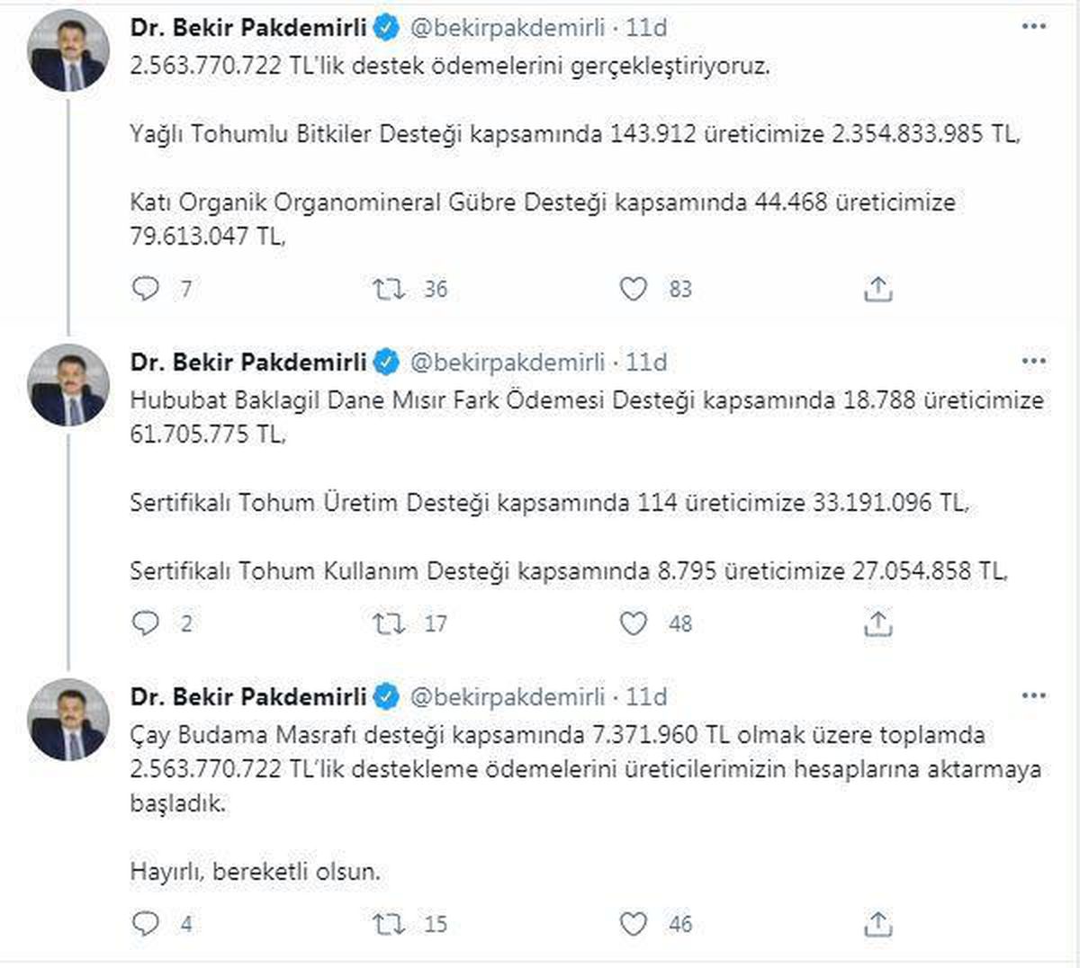 Bakan Pakdemirli: "130 milyon 410 bin liralık destek ödemeleri bugün yapılacak"