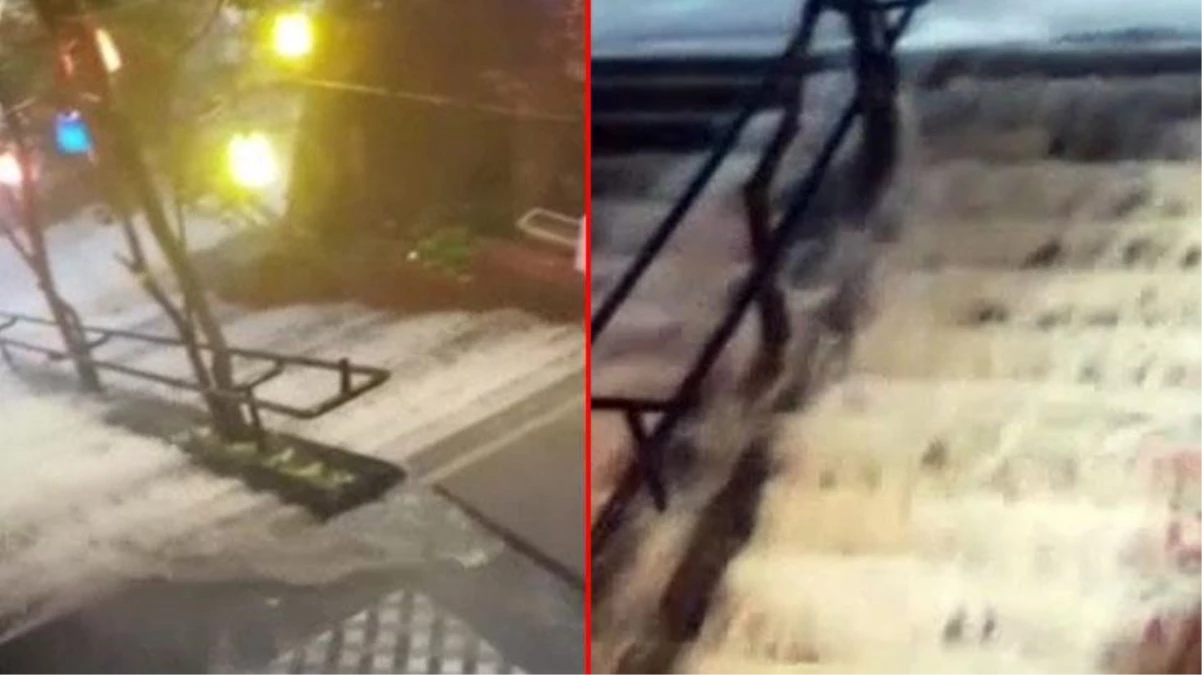 Sağanak yağış sonrası Galata\'da merdivenler adeta şelaleyi andırdı