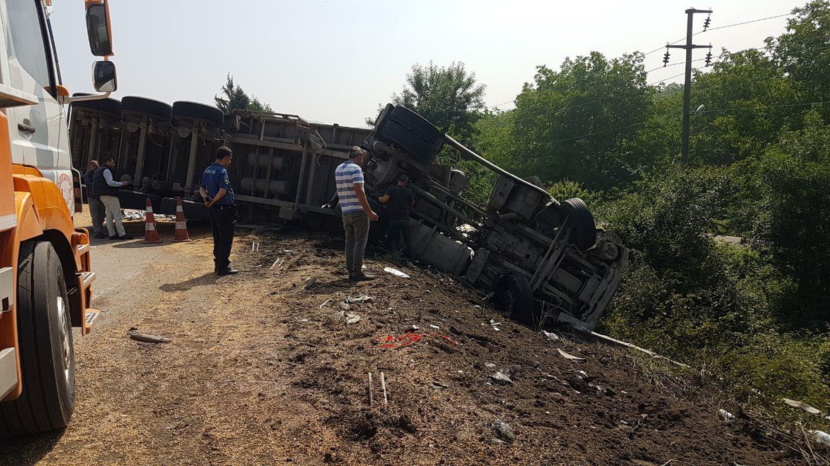 Anadolu Otoyolu\'nda soya fasulyesi yüklü tır devrildi: 1 yaralı