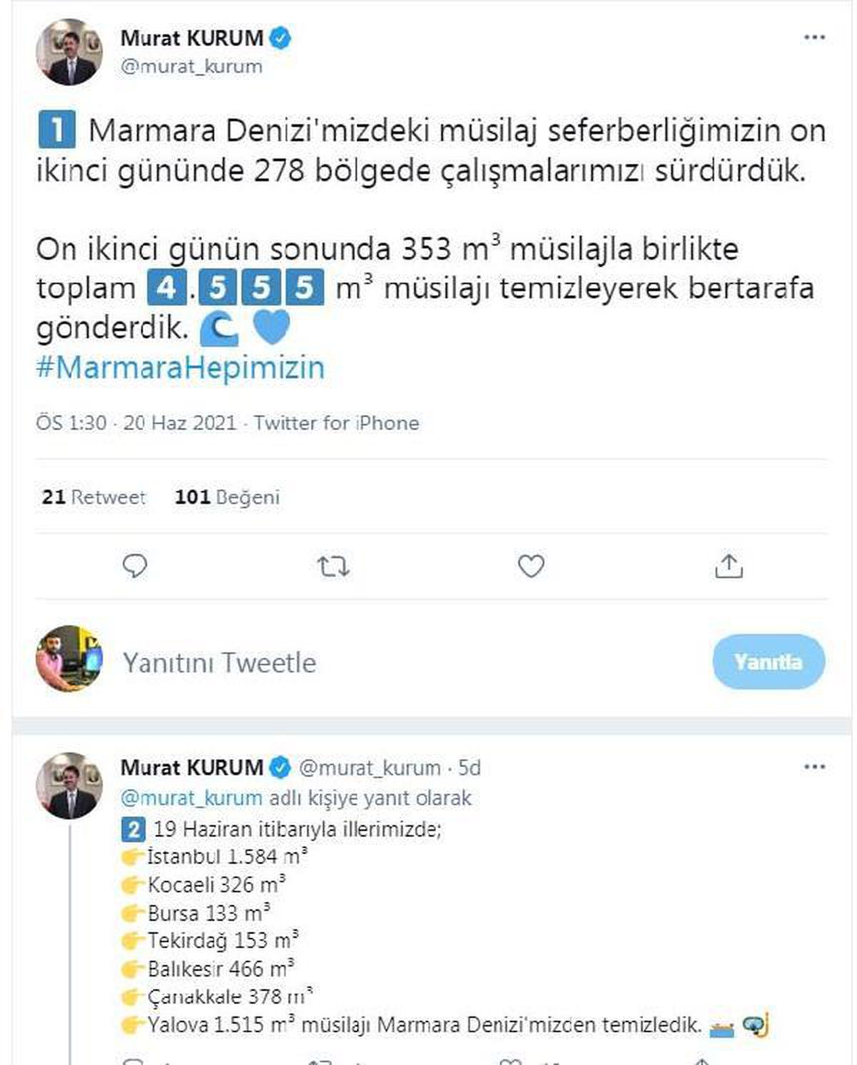 Bakan Kurum: Marmara Denizi\'nde 4 bin 555 metreküp müsilajı temizledik