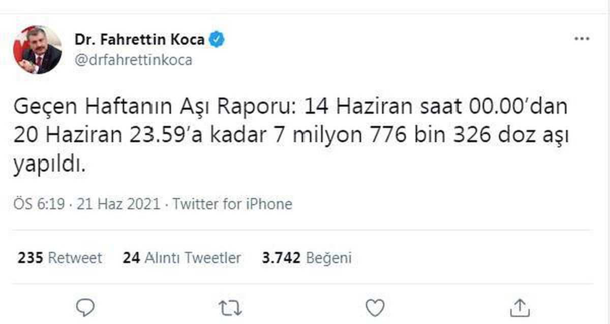 Bakan Koca: Geçen hafta 7 milyon 776 bin 326 doz aşı yapıldı