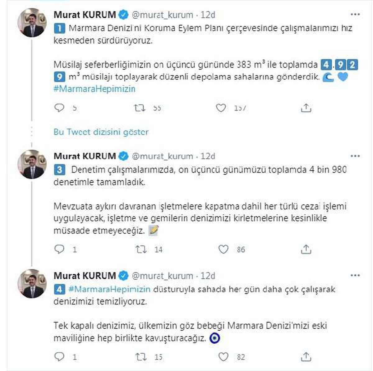 Bakan Kurum: "Tek kapalı denizimiz, ülkemizin göz bebeği Marmara Denizi\'mizi eski maviliğine hep birlikte kavuşturacağız"
