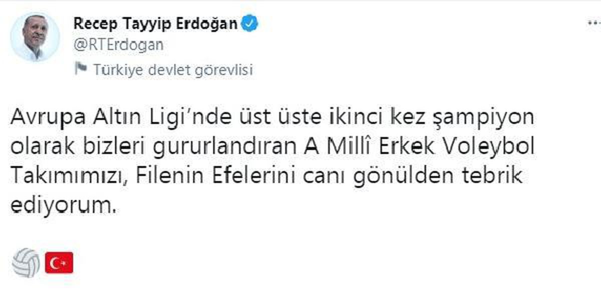 Cumhurbaşkanı Erdoğan, CEV Avrupa Altın Ligi şampiyonu olan A Milli Erkek Voleybol Takımını kutladı