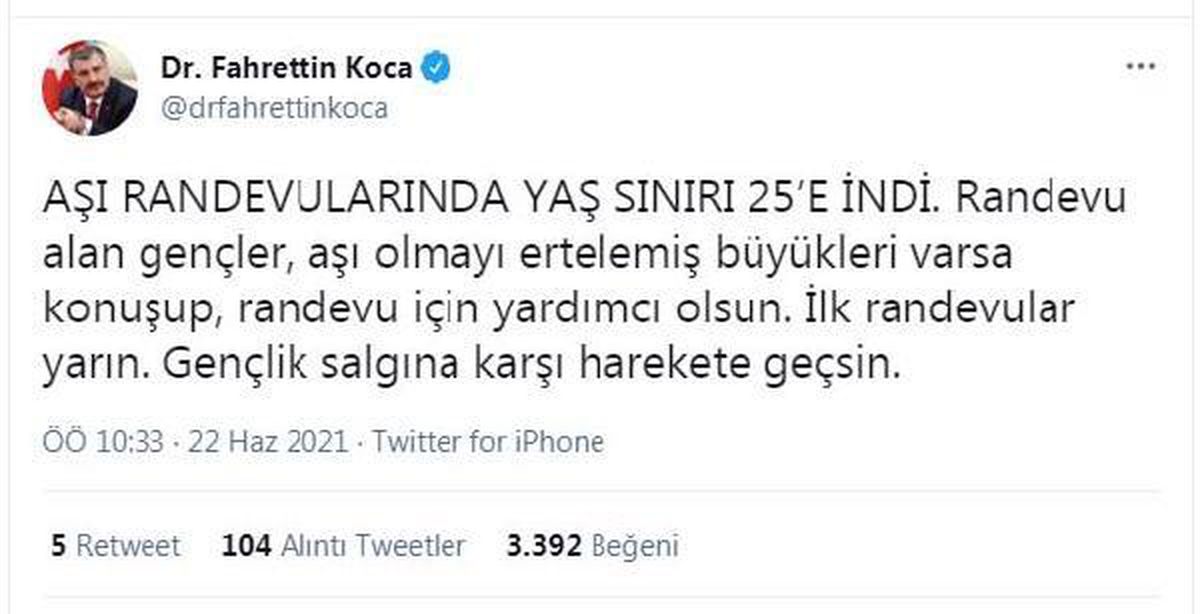 Bakan Koca: Aşı randevularında yaş sınırı 25\'e indi