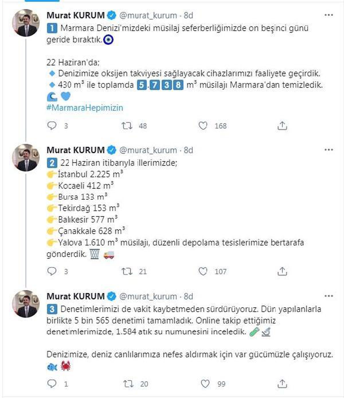 Bakan Kurum: 5 bin 738 metreküp müsilajı Marmara\'dan temizledik