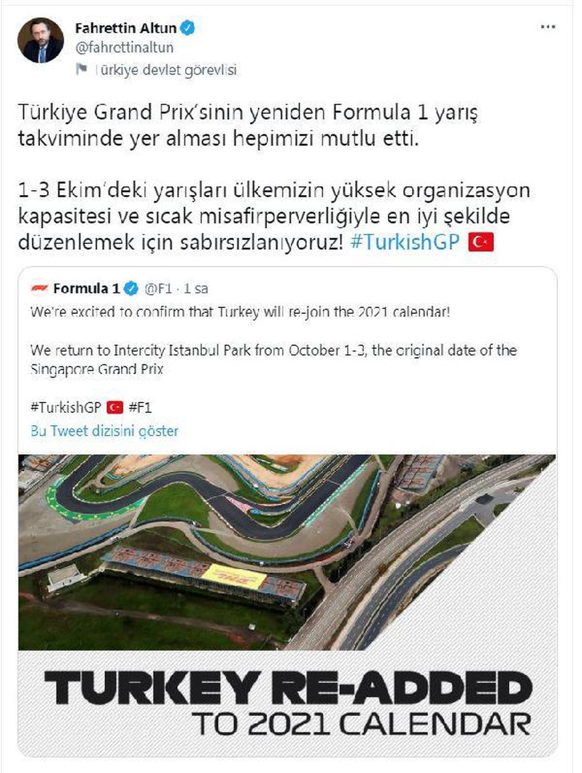 Altun: Türkiye Grand Prix\'sinin yarış takviminde yer alması mutlu etti