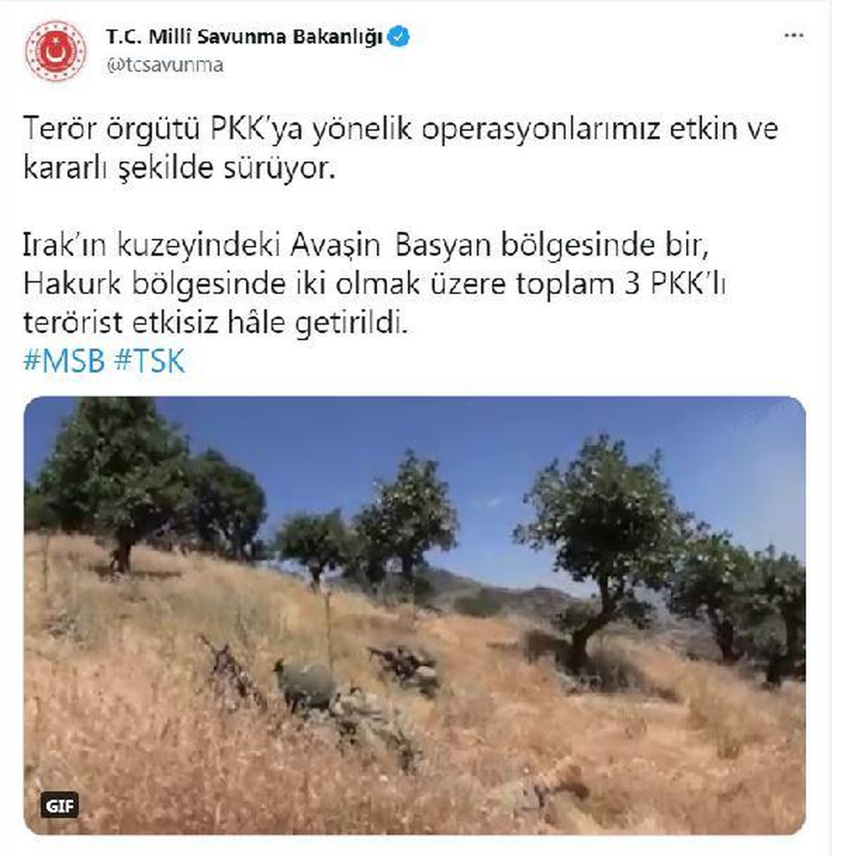 Son dakika haberleri | MSB: "Irak\'ın kuzeyindeki Avaşin-Basyan bölgesinde bir, Hakurk bölgesinde iki olmak üzere toplam 3 PKK\'lı terörist etkisiz hale getirildi."