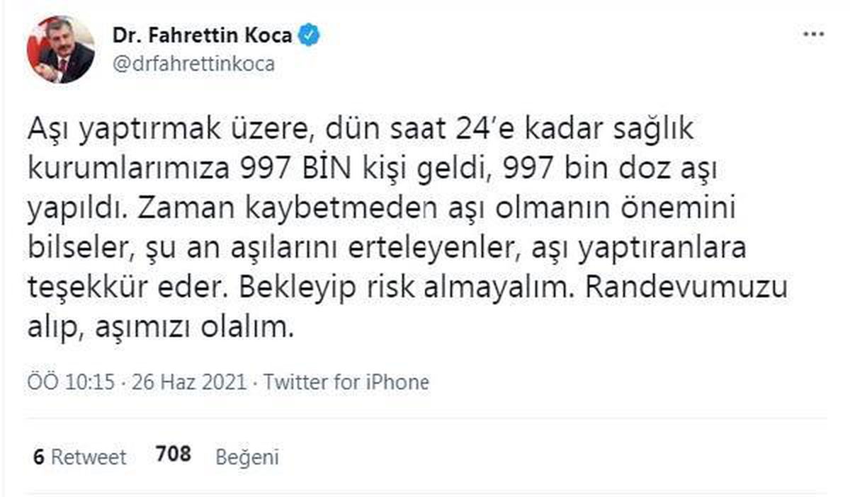 Son dakika! Bakan Koca: Dün 997 bin doz aşı yapıldı
