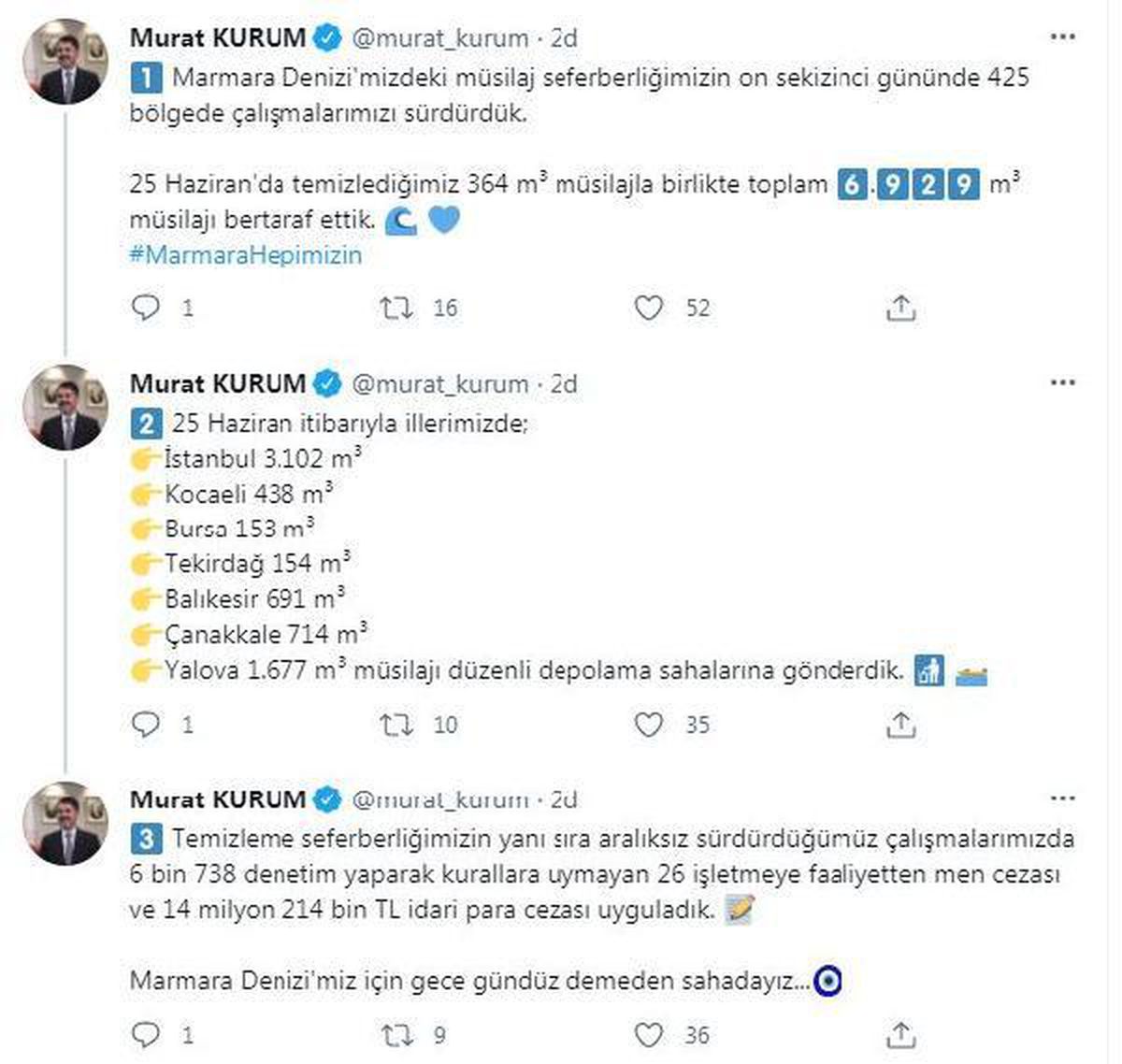 Son dakika! Bakan Kurum: Marmara Denizi\'nde 6 bin 929 metreküp müsilajı temizledik