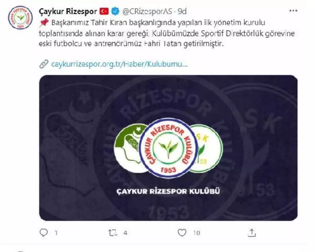 Çaykur Rizespor\'da sportif direktör Fahri Tatan oldu