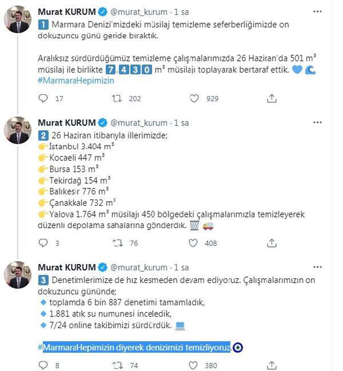 Son dakika... Bakan Kurum: Marmara Denizi\'nde 7 bin 430 metreküp müsilajı bertaraf ettik