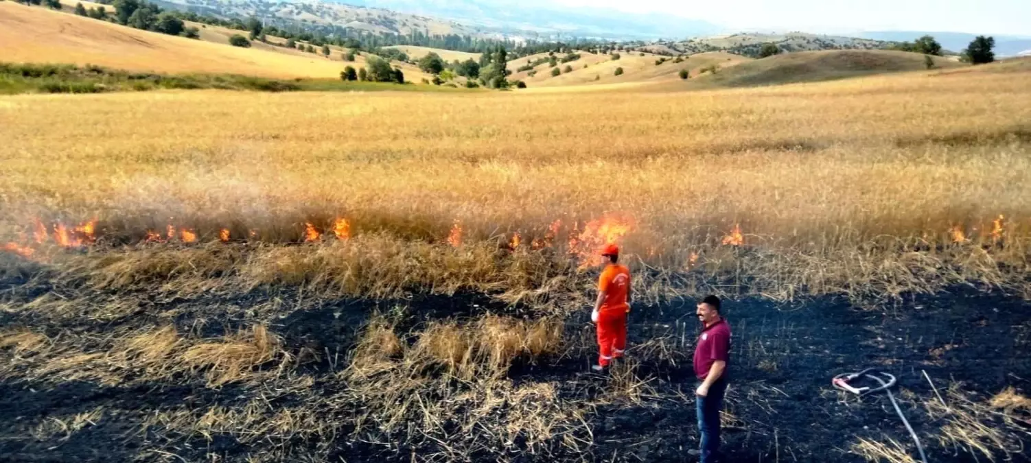 Hisarcık\'ta yüksek gerilim hattı koptu, hububat tarlası alev alev yandı