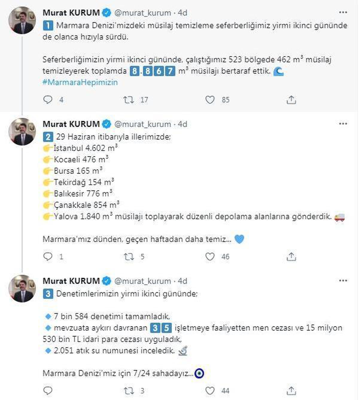 Bakan Kurum: Marmara Denizi\'nde 8 bin 867 metreküp müsilajı bertaraf ettik