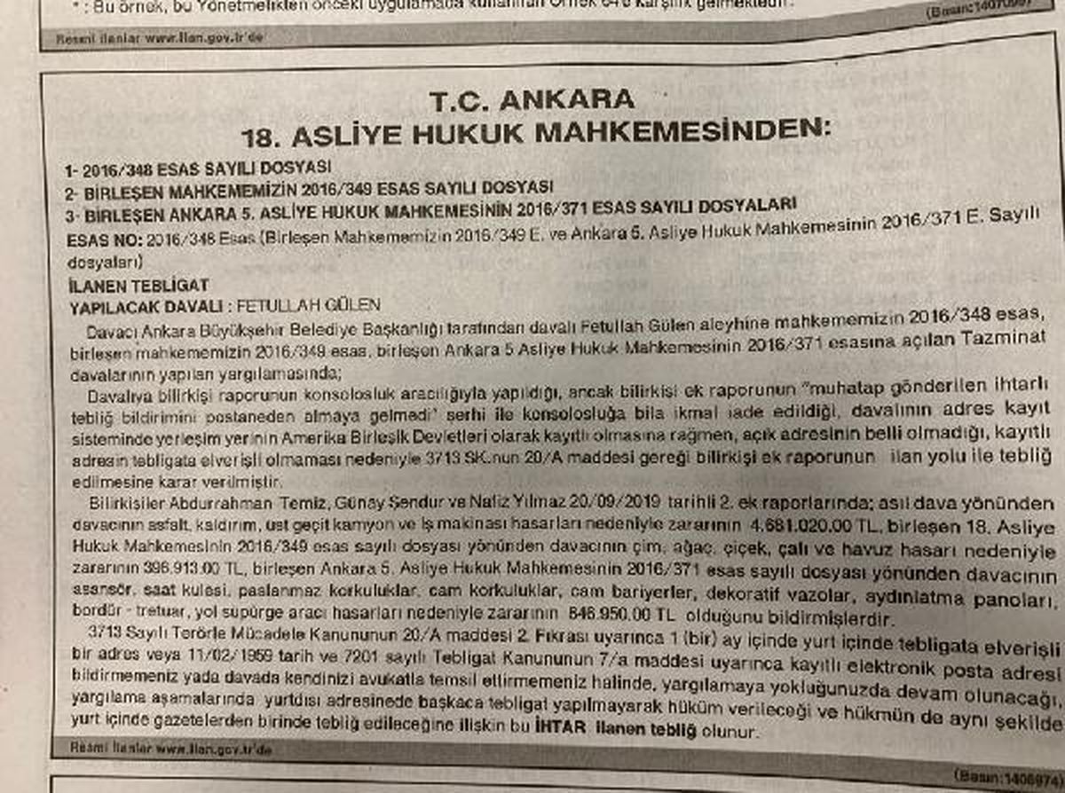 FETÖ elebaşı Gülen\'e gazete ilanıyla 6 milyon liraya yakın tebligat