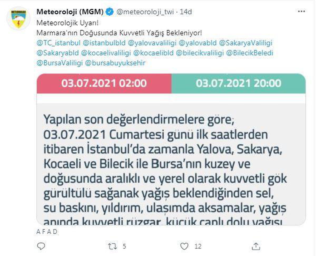 Meteorolojiden Marmara için  kuvvetli yağış uyarısı