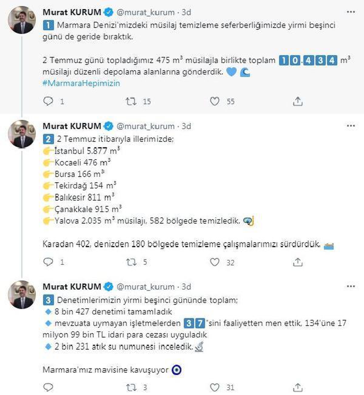 Son dakika haberi | Bakan Kurum: Marmara Denizi\'nde 10 bin 434 metreküp müsilajı temizledik