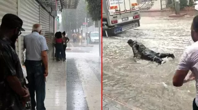 Adana'da yağan 15 dakikalık sağanak eğlenceli anlara neden oldu, bir vatandaş su birikintisine atladı