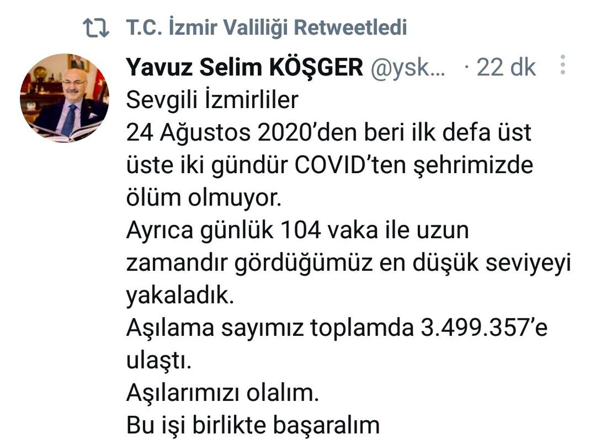 Son dakika: İzmir Valisi Köşger, kentte 2 gündür Kovid-19 kaynaklı ölüm olmadığını açıkladı