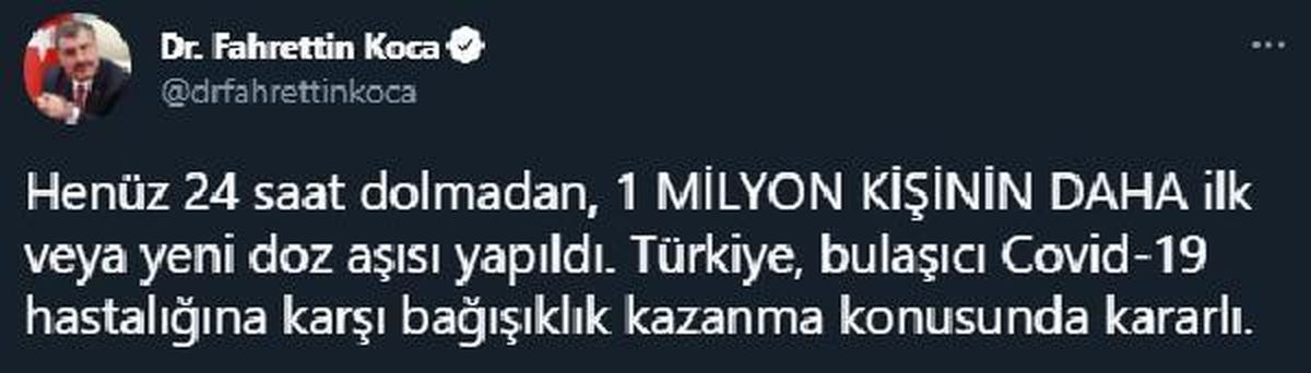 Bakan Koca: Henüz 24 saat dolmadan, 1 milyon kişinin daha ilk veya yeni doz aşısı yapıldı