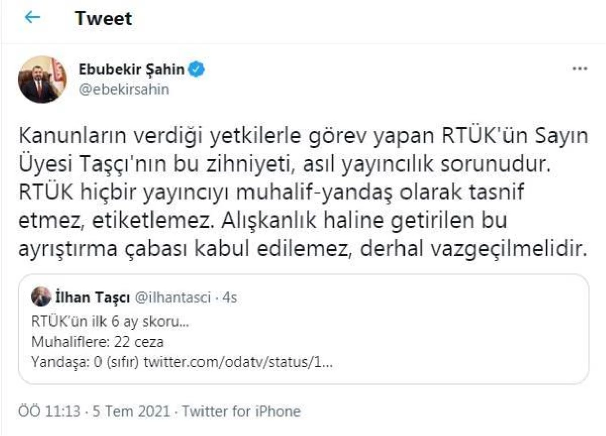 RTÜK Başkanı Şahin\'den CHP\'li üyeye tepki: Medyayı ayrıştırma çabasından vazgeçilmeli