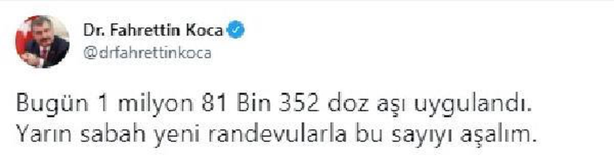Son dakika: Bakan Koca: Bugün 1 milyon 81 bin 352 doz aşı uygulandı