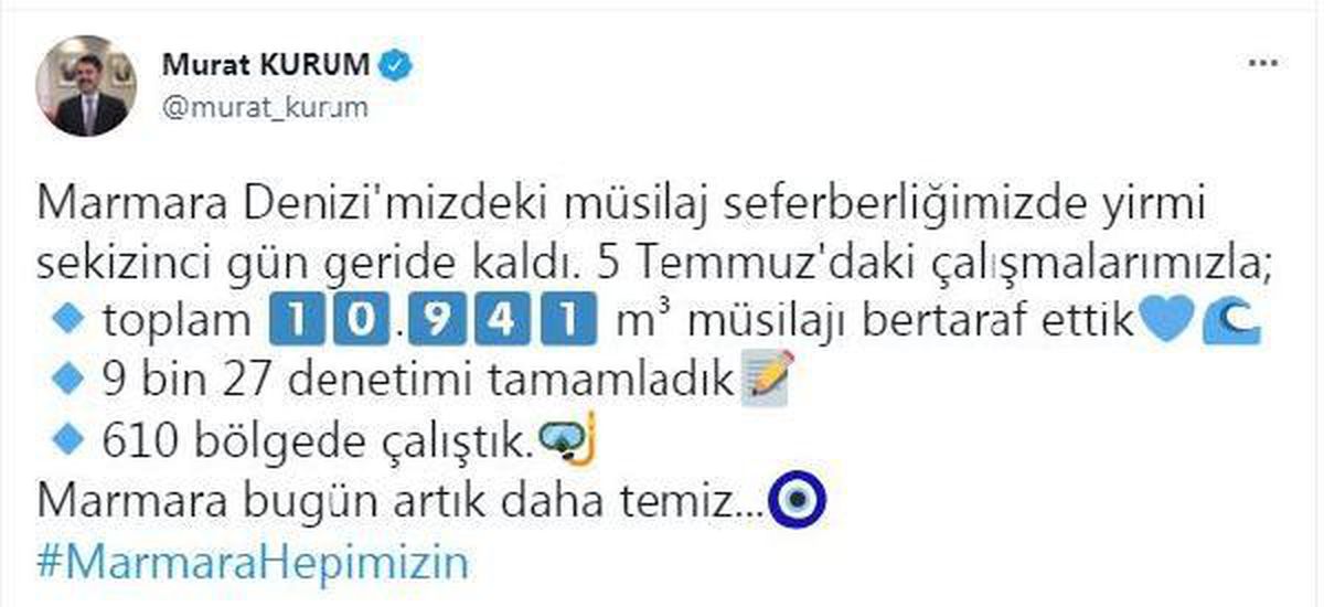 Son dakika haberleri... Bakan Kurum: Marmara Denizi\'nde 10 bin 941 metreküp müsilajı bertaraf ettik