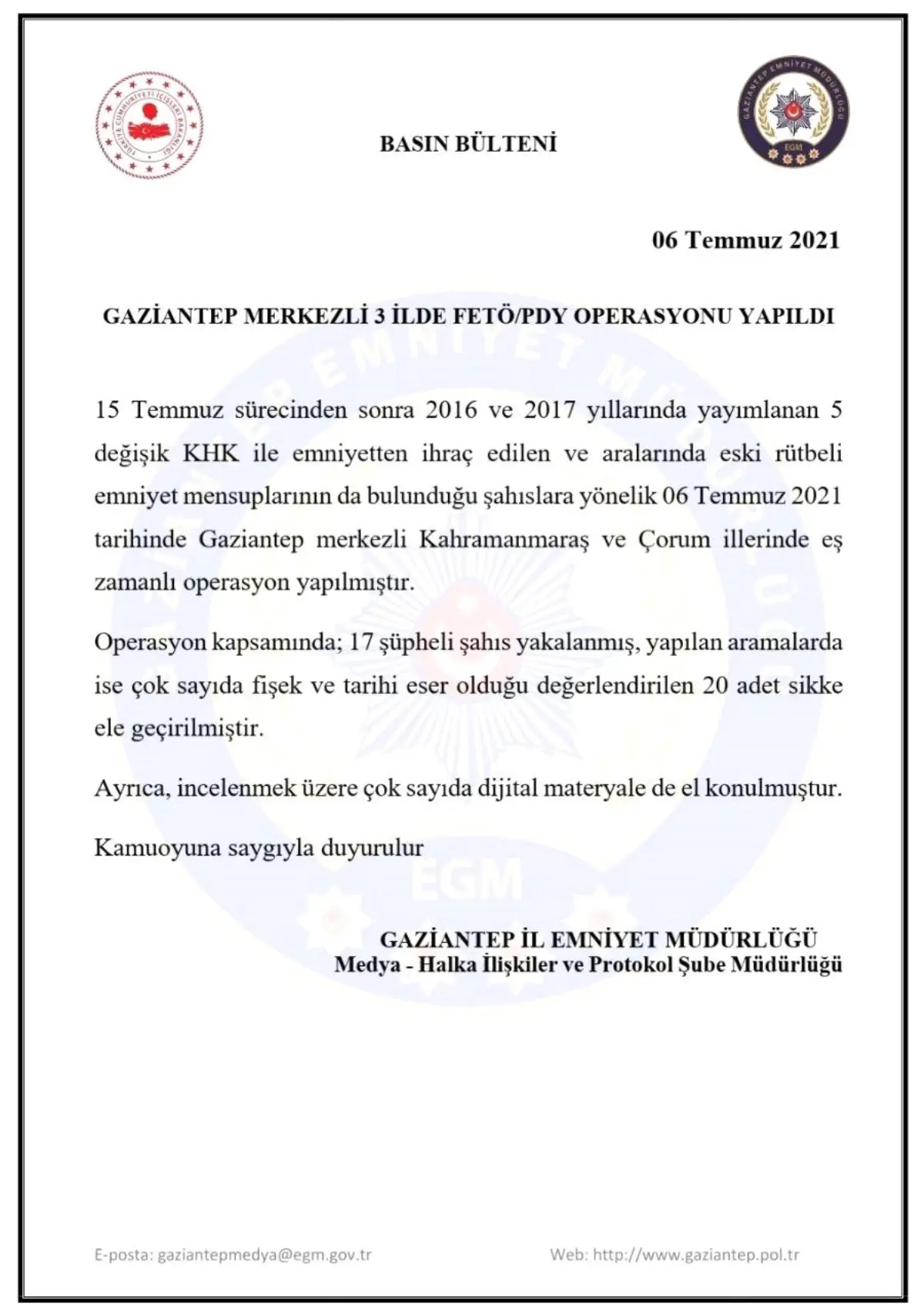 Gaziantep merkezli 3 ilde FETÖ operasyonu: 17 gözaltı