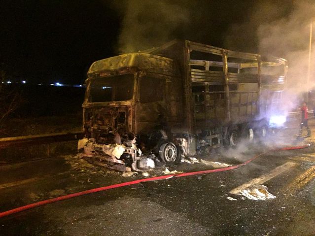 Tarsus'ta yanan kamyon hurdaya döndü