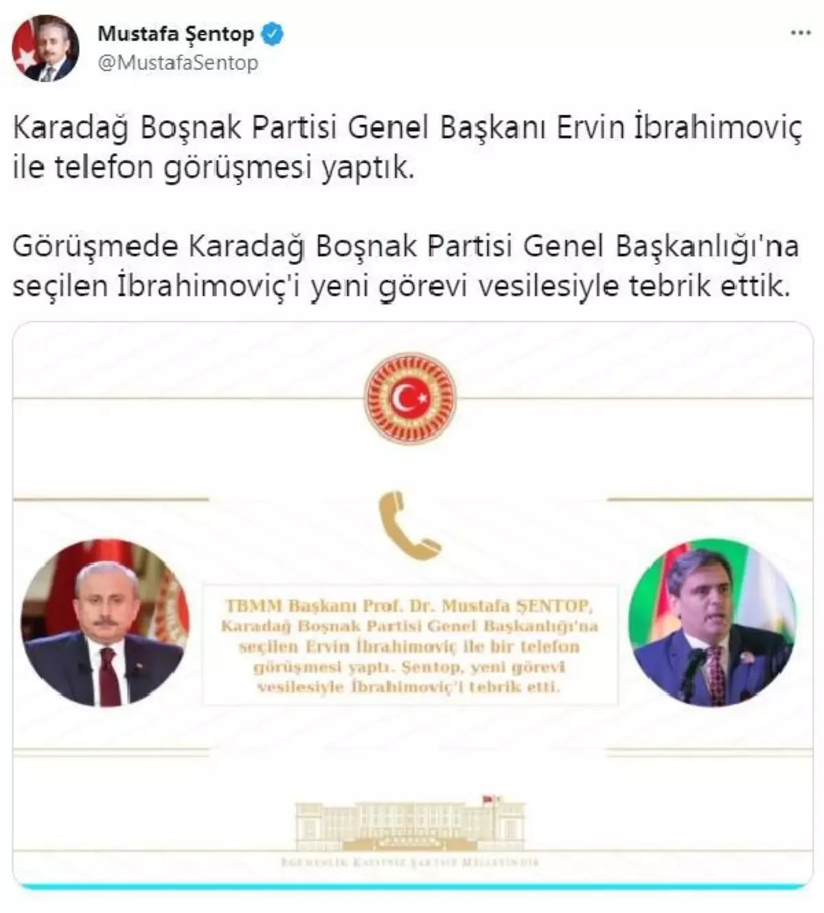 TBMM Başkanı Şentop, Karadağ Boşnak Partisi Genel Başkanı İbrahimoviç ile görüştü