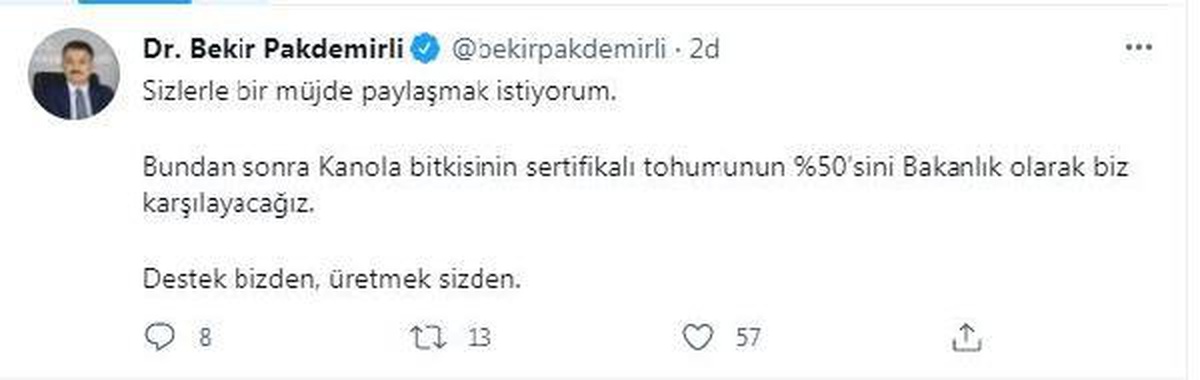Son dakika: Bakan Pakdemirli: \'Kanola\' tohumunun yüzde 50\'sini karşılayacağız