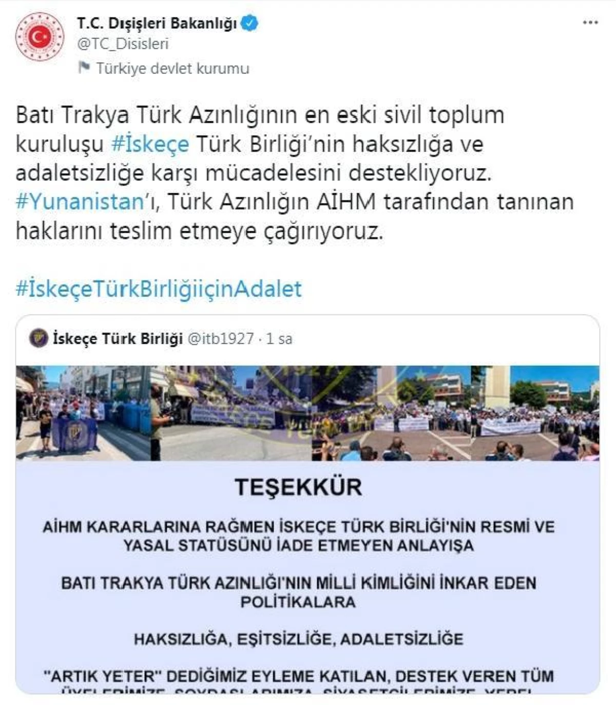 Dışişleri Bakanlığı\'ndan Türk azınlığının haklarını tanıması için Yunanistan\'a çağrı
