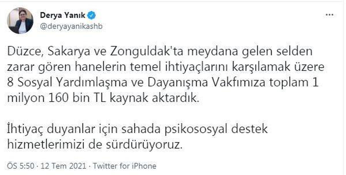 Aile ve Sosyal Hizmetler Bakanlığından, selden etkilenenler için ek kaynak