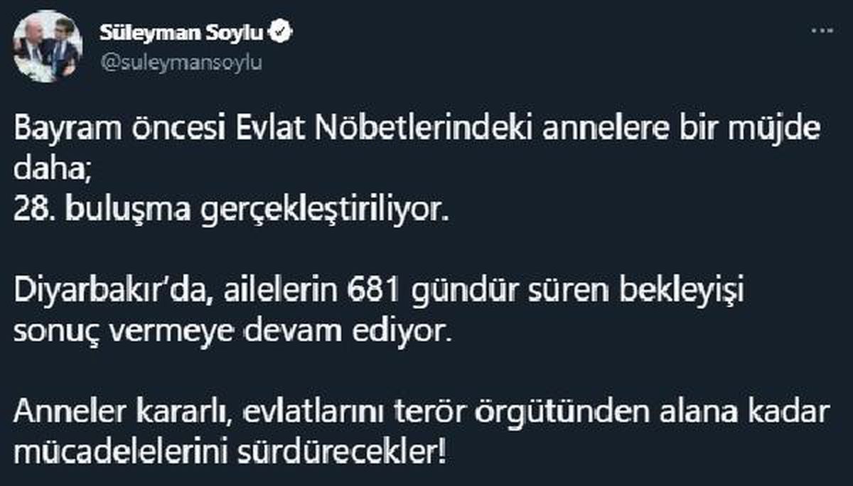 Soylu: Evlat Nöbeti\'nde 28\'inci buluşma gerçekleştiriliyor