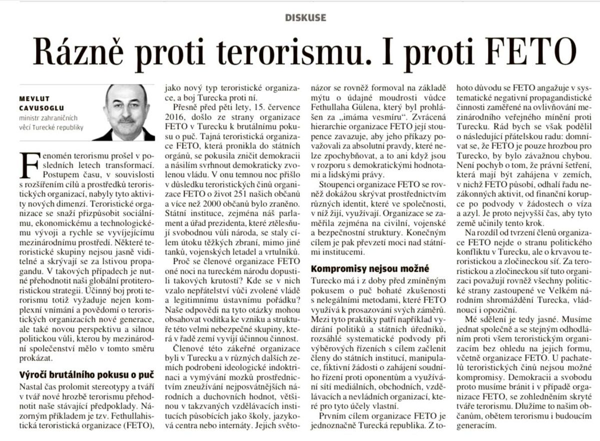 Bakan Çavuşoğlu\'nun darbe girişimi makalesi Çekya gazetesinde
