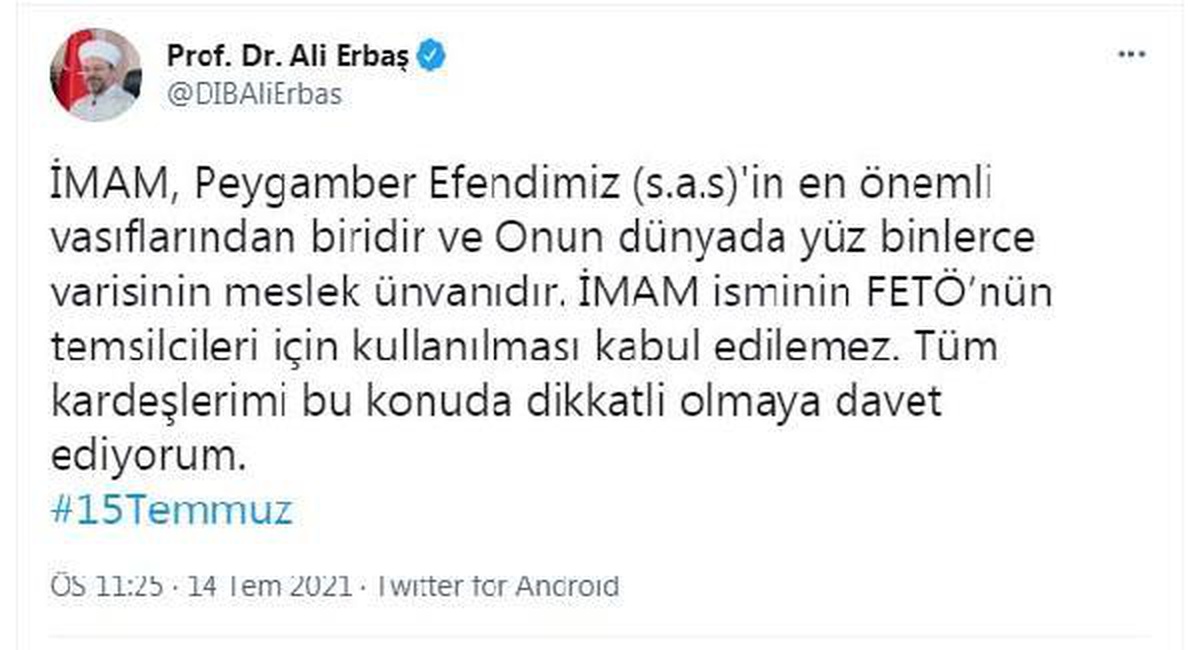 Erbaş: \'İmam\' unvanının FETÖ\'nün temsilcileri için kullanılması kabul edilemez