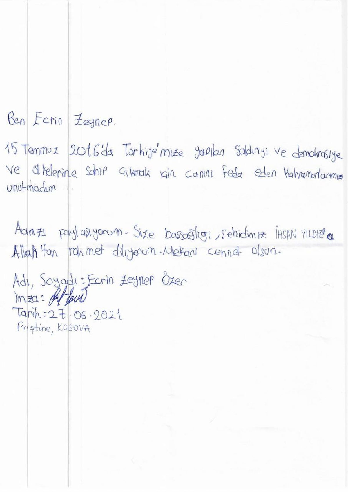 Kosovalı 251 Türk öğrenciden 15 Temmuz şehitlerinin ailelerine mektup