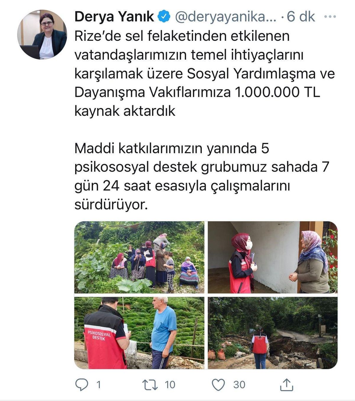Sel felaketinden etkilenenlere temel ihtiyaçlarını karşılamak üzere 1 milyon TL kaynak aktarıldı