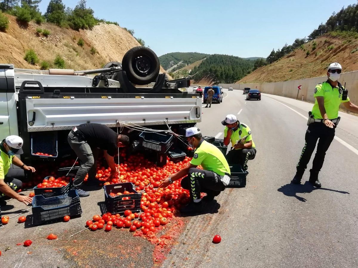 Domatesler devrilen kamyonetten yola saçıldı, trafik ekipleri topladı