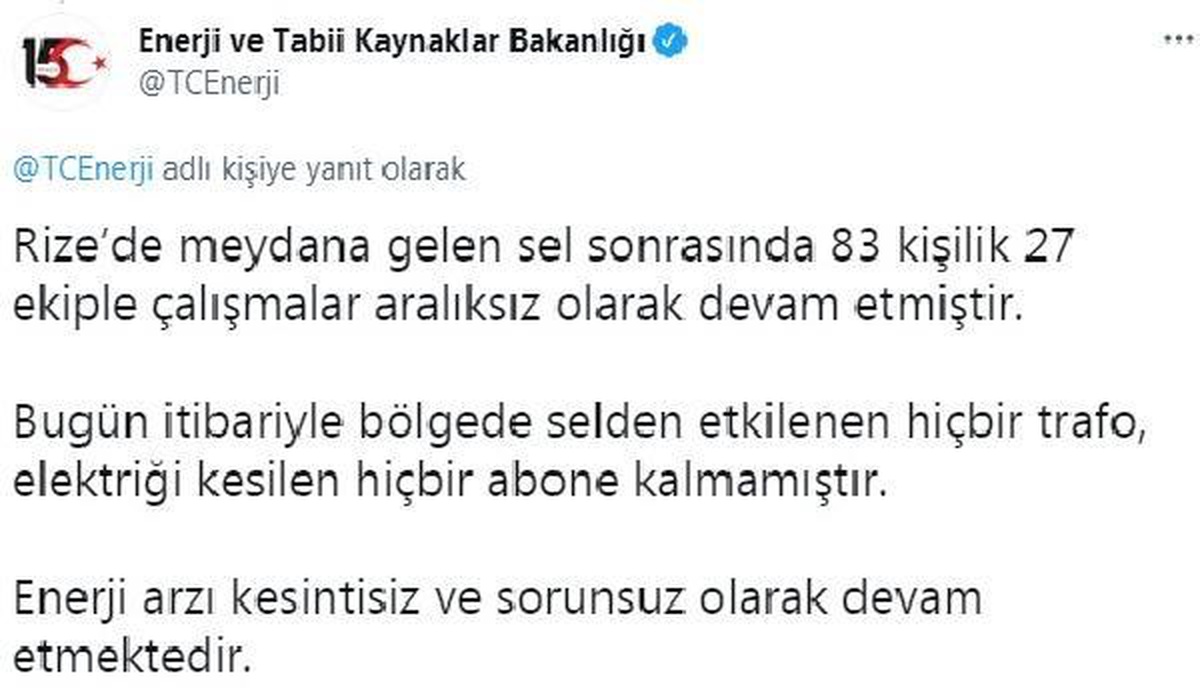 Son dakika haber: Enerji ve Tabii Kaynaklar Bakanlığı: Enerji arzı kesintisiz ve sorunsuz olarak devam etmektedir