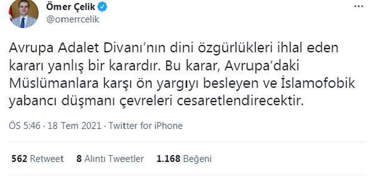 AK Parti\'li Çelik\'ten AB Adalet Divanının başörtüsü kararına tepki