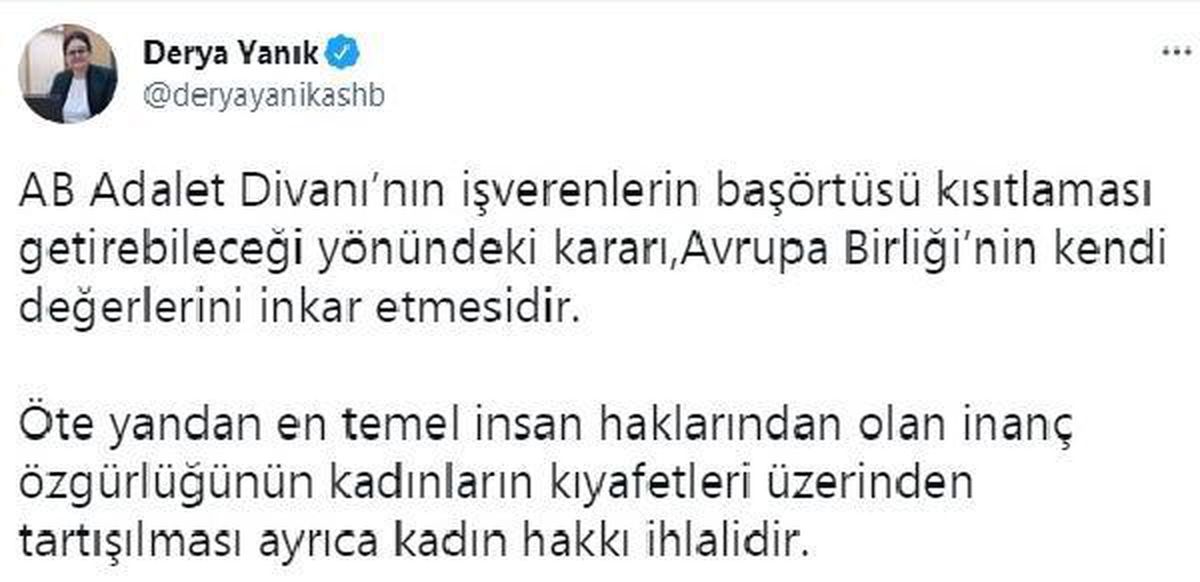 Son dakika! Bakan Yanık, Avrupa Adalet Divanı\'nın başörtüsü kararına tepki gösterdi