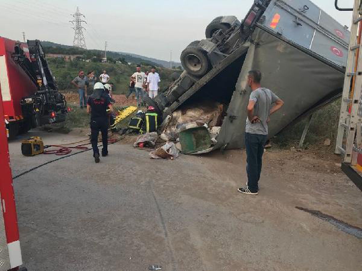 Kurban derisi yüklü kamyon devrildi: 4 yaralı